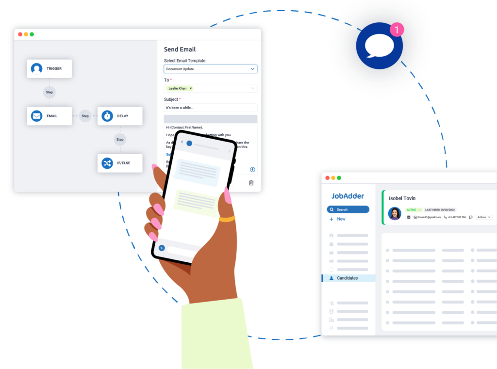 Illustrated hand holding an iPhone with JobAdder UI