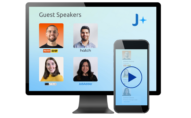 JobAdder guest speakers details on computer screen with iPhone
